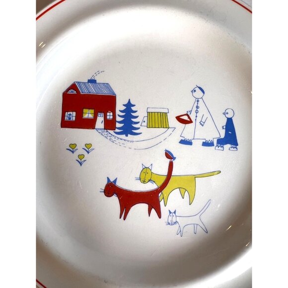 Vintage Arabia Finland Ceramic Plate Matin Matka Red And Blue Cats & House Desig - Picture 2 of 5